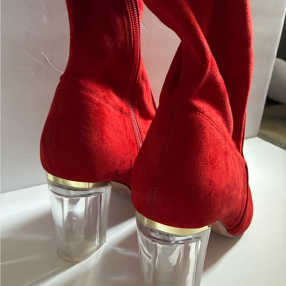 Red Suede Women's Boots with Clear Heels - Picture 2 of 5